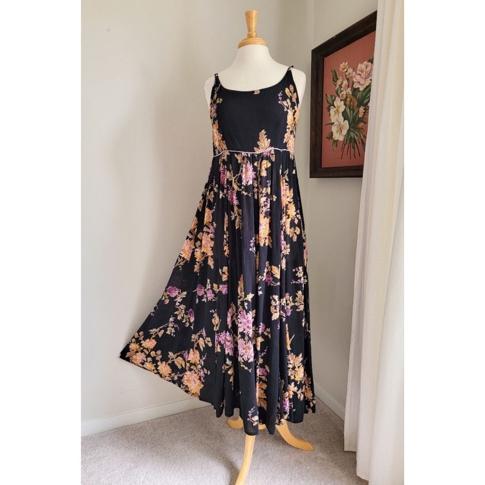 90s Black Floral Scoop Neck 1990s Vintage Flowy Feminine Rayon Gauze Maxi Dress - Picture 8 of 16